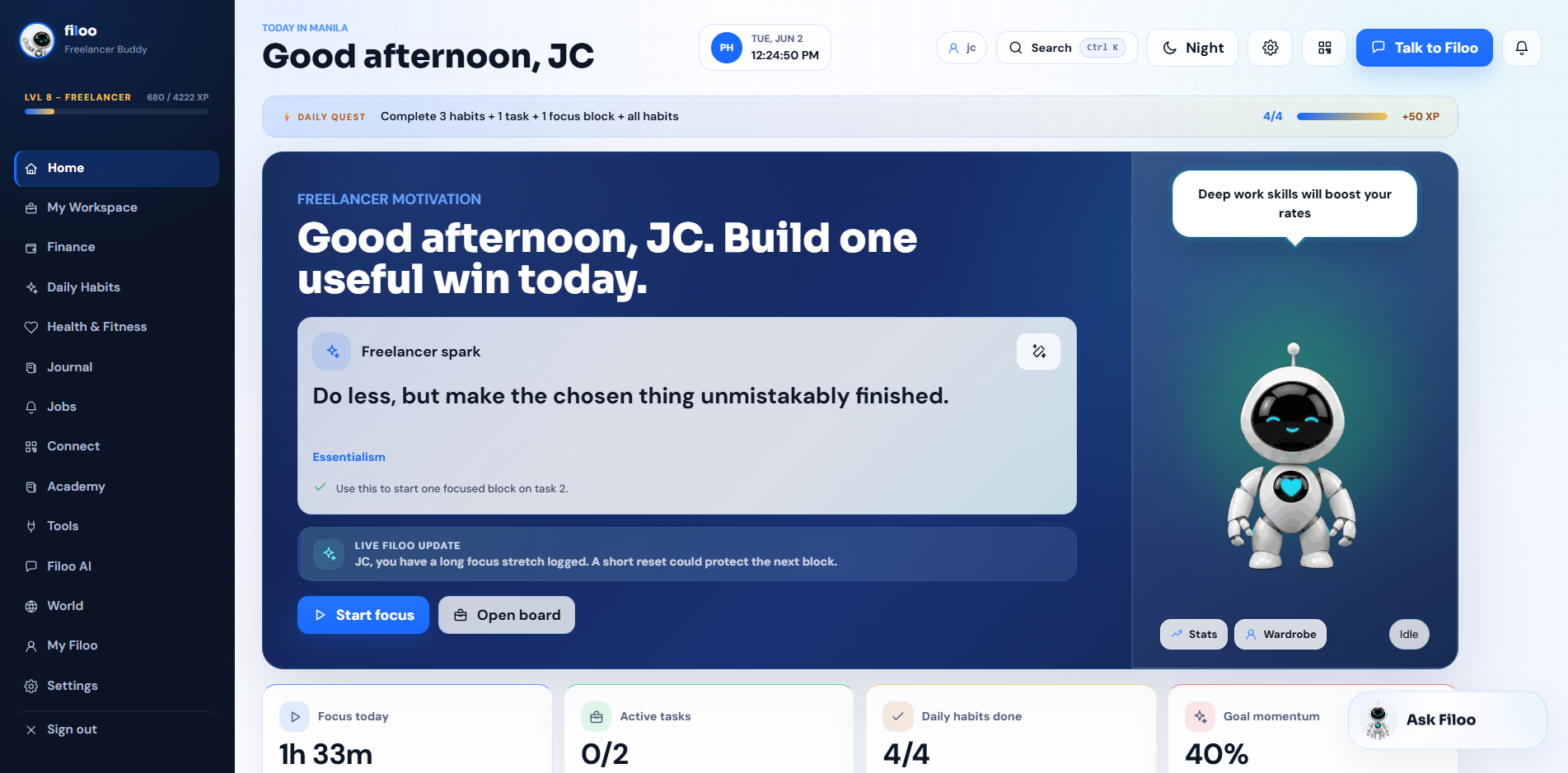 Filoo desktop app - home dashboard
